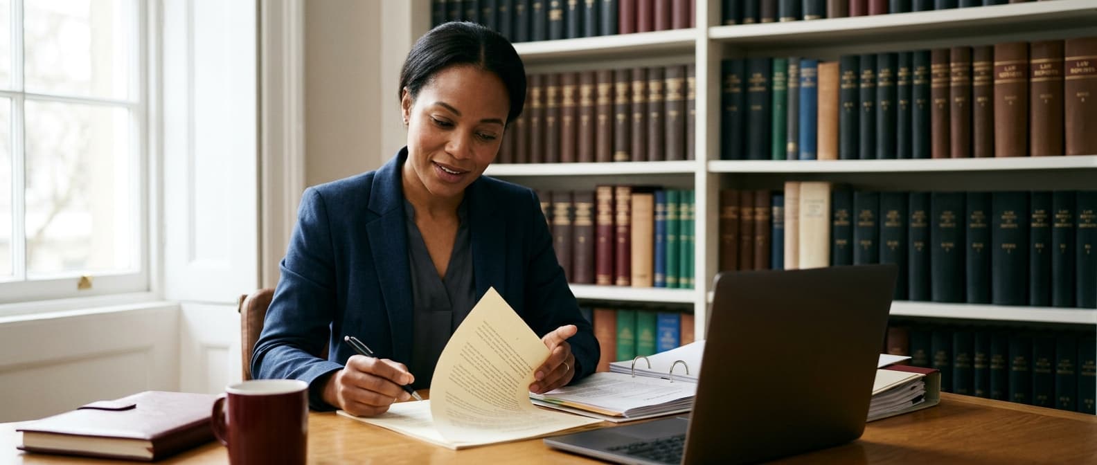Illustrative legal professional reviewing documents in chambers