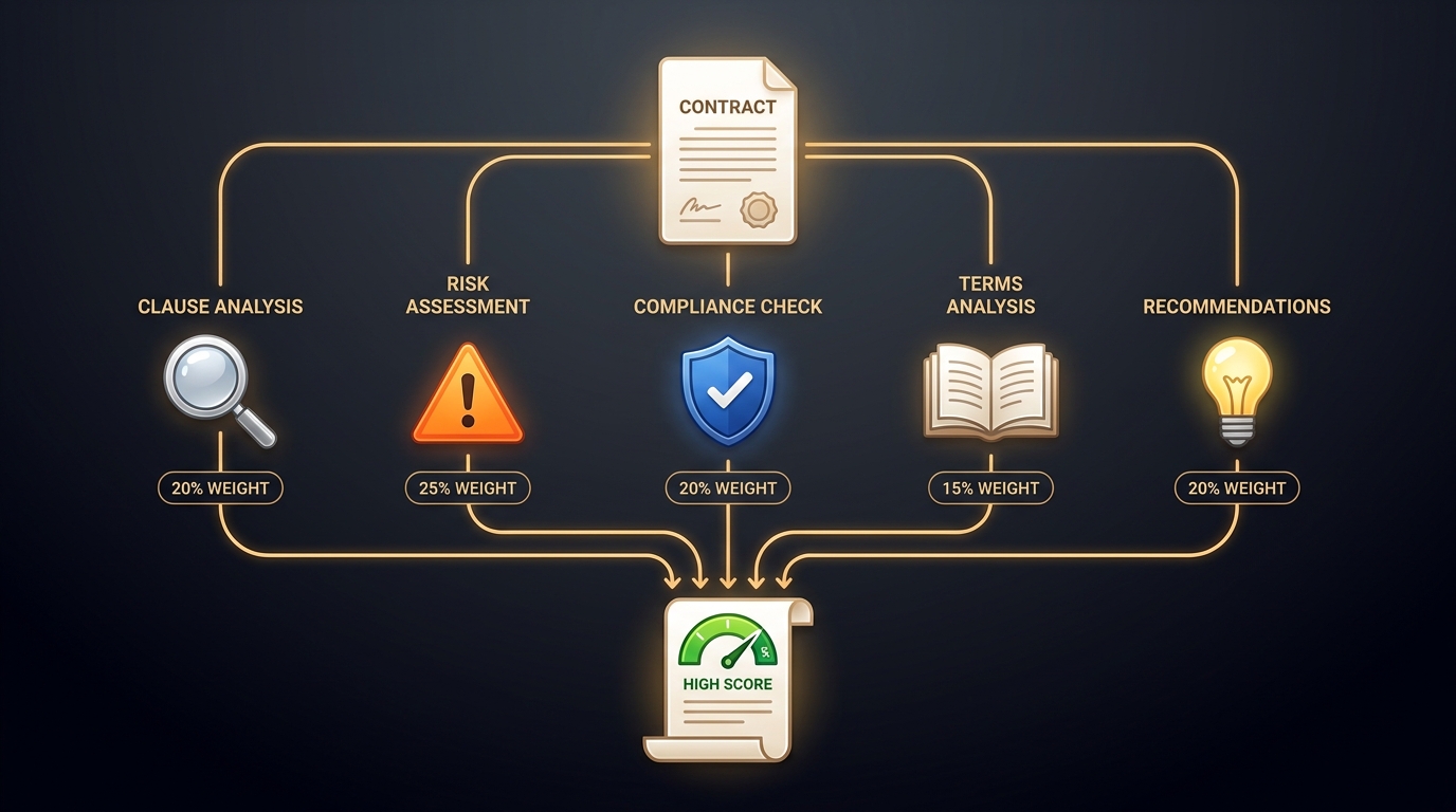 Five parallel agents analyse your contract simultaneously