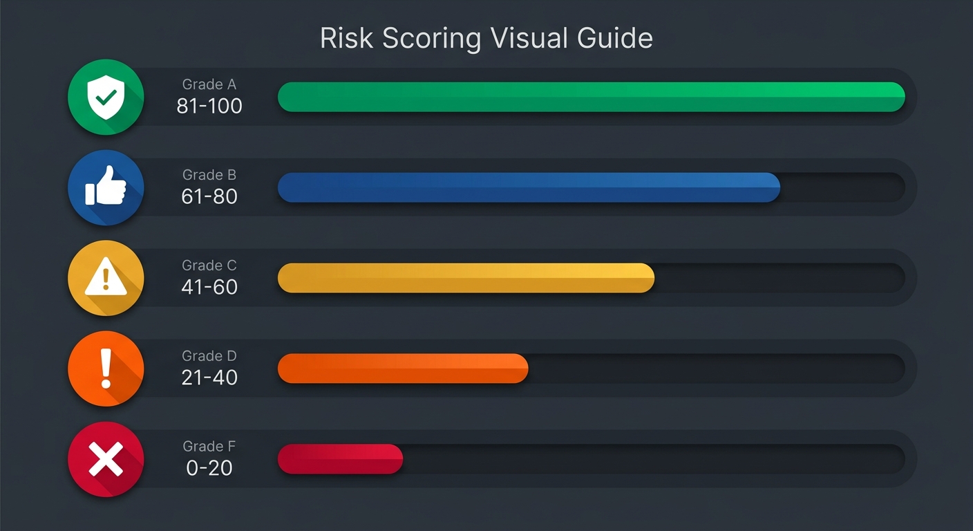 Risk scoring visual guide — from Grade A (safe) to Grade F (critical)